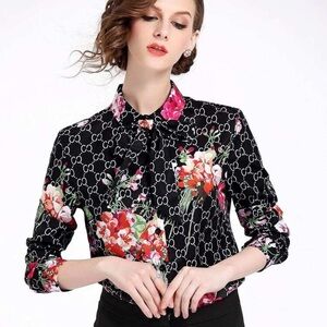 Wencui Language Floral Long-sleeve‎ Blouse with Neck Tie, Size M
